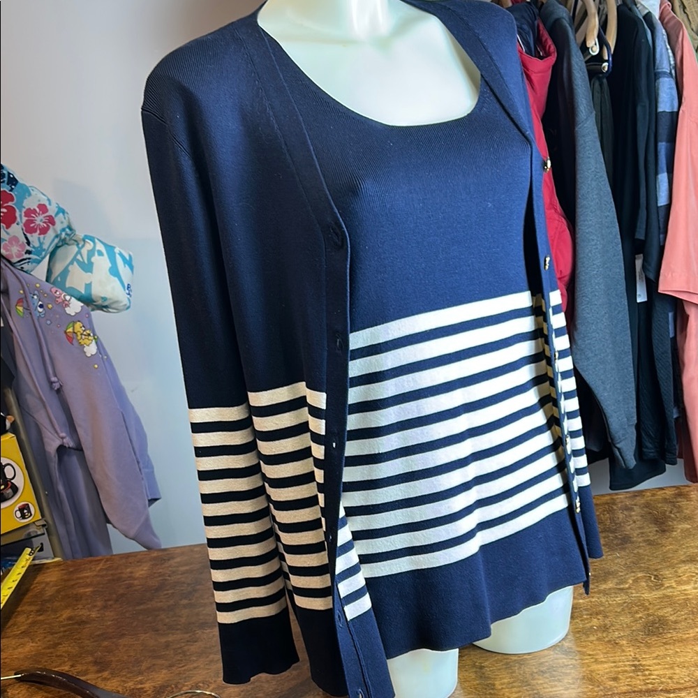 Lauren Ralph Lauren Blue and White Button Down Tank Top with Cardigan - Picture 3 of 16